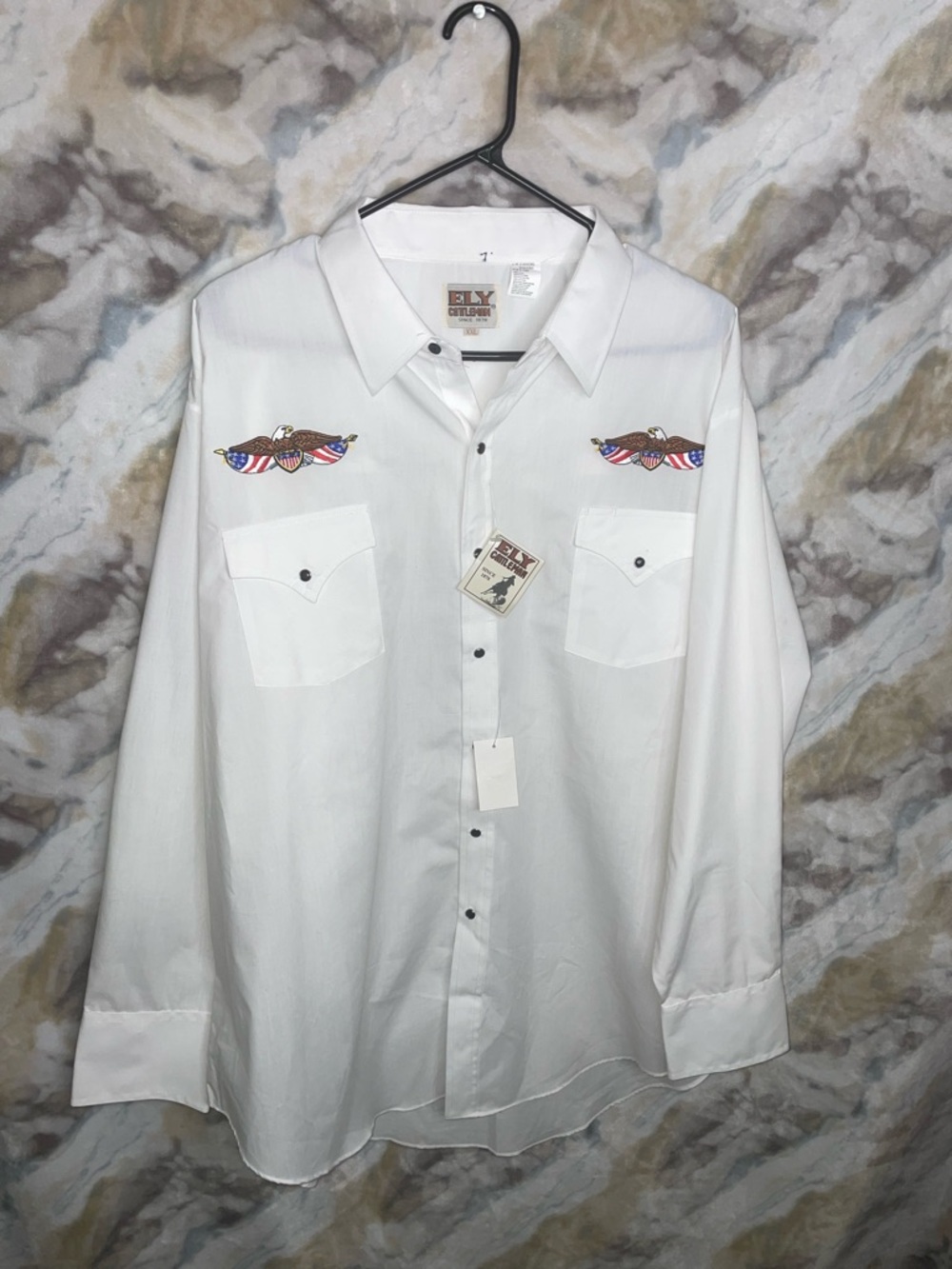 Ely Cattleman White Western Shirt with Patriotic Eagle Embroidery